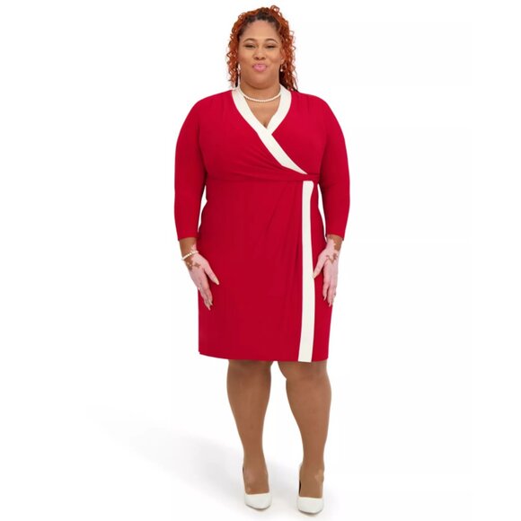 NWT Kasper Red White City Wrap V-Neck Long Sleeve Dress 2X - Picture 2 of 14